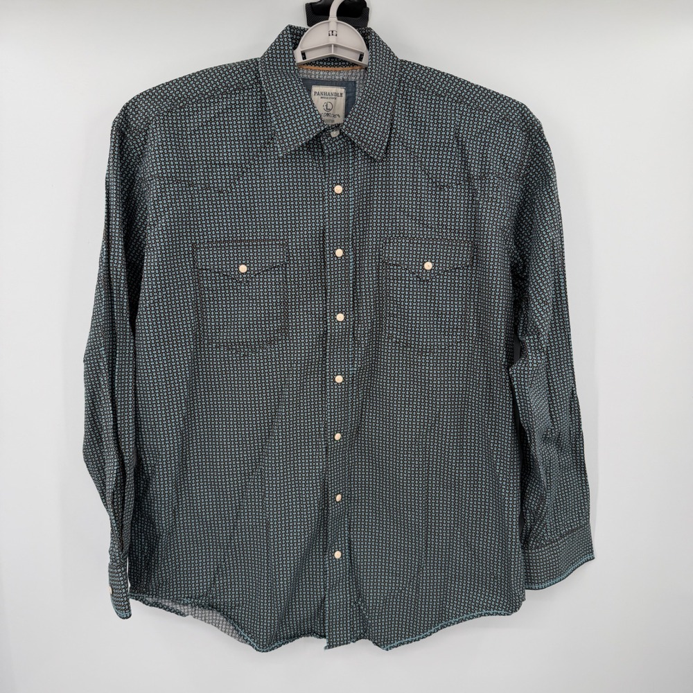 Panhandle Rough Stock Mens Large Western Pearl Snap Shirt Teal Geometric Cotton